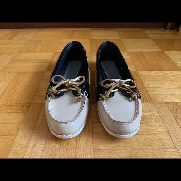 Sperry Top Sider Boat Shoe Flat Beige Black Gold 6 - Picture 2 of 16